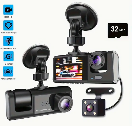 1080P Triple Dash Cam – Front, Inside & Rear View with Night Vision & 32GB Card