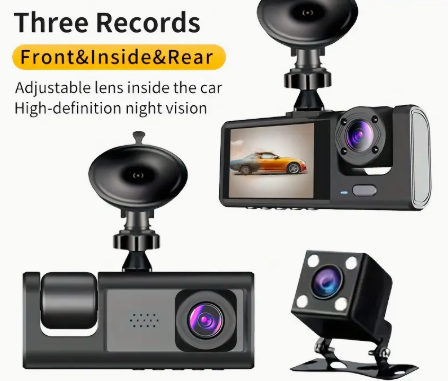 1080P Triple Dash Cam – Front, Inside & Rear View with Night Vision & 32GB Card