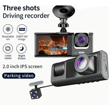 1080P Triple Dash Cam – Front, Inside & Rear View with Night Vision & 32GB Card