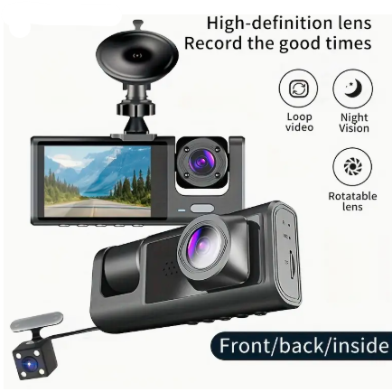 1080P Triple Dash Cam – Front, Inside & Rear View with Night Vision & 32GB Card