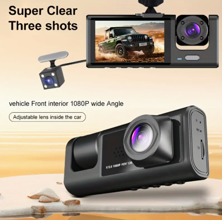 1080P Triple Dash Cam – Front, Inside & Rear View with Night Vision & 32GB Card